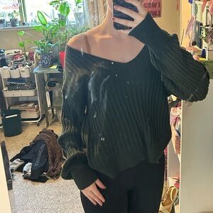 dark green off the shoulder ribbed sweater